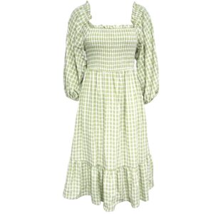 Green Checkered Square-Neck Knee-Length Mother-Daughter Dress
