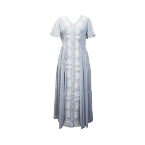 Blue Floral Lace Trim Mommy and Me Maxi Dress - V Neck Short Sleeve Tie Waist Matching Dress for Mother and Daughter