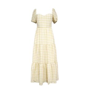 Yellow Gingham Sweetheart Neck Puff Sleeve Tiered Maxi Dress - Casual Summer Ruffle Long Dress