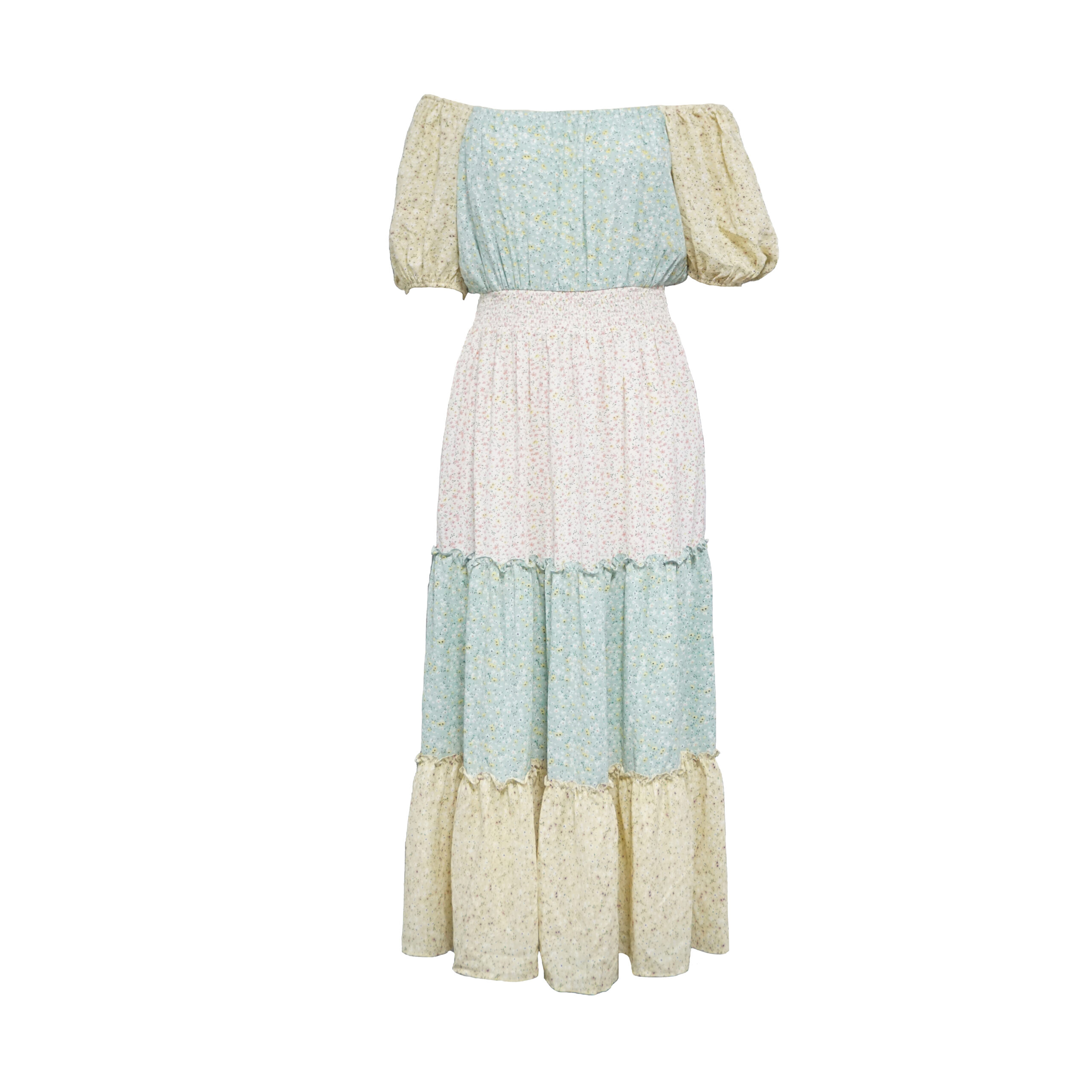 Women's Floral Patchwork Nursing Dress Square Neck Puff Sleeve Ruffle Tiered Breastfeeding Long Dress - 图片 3