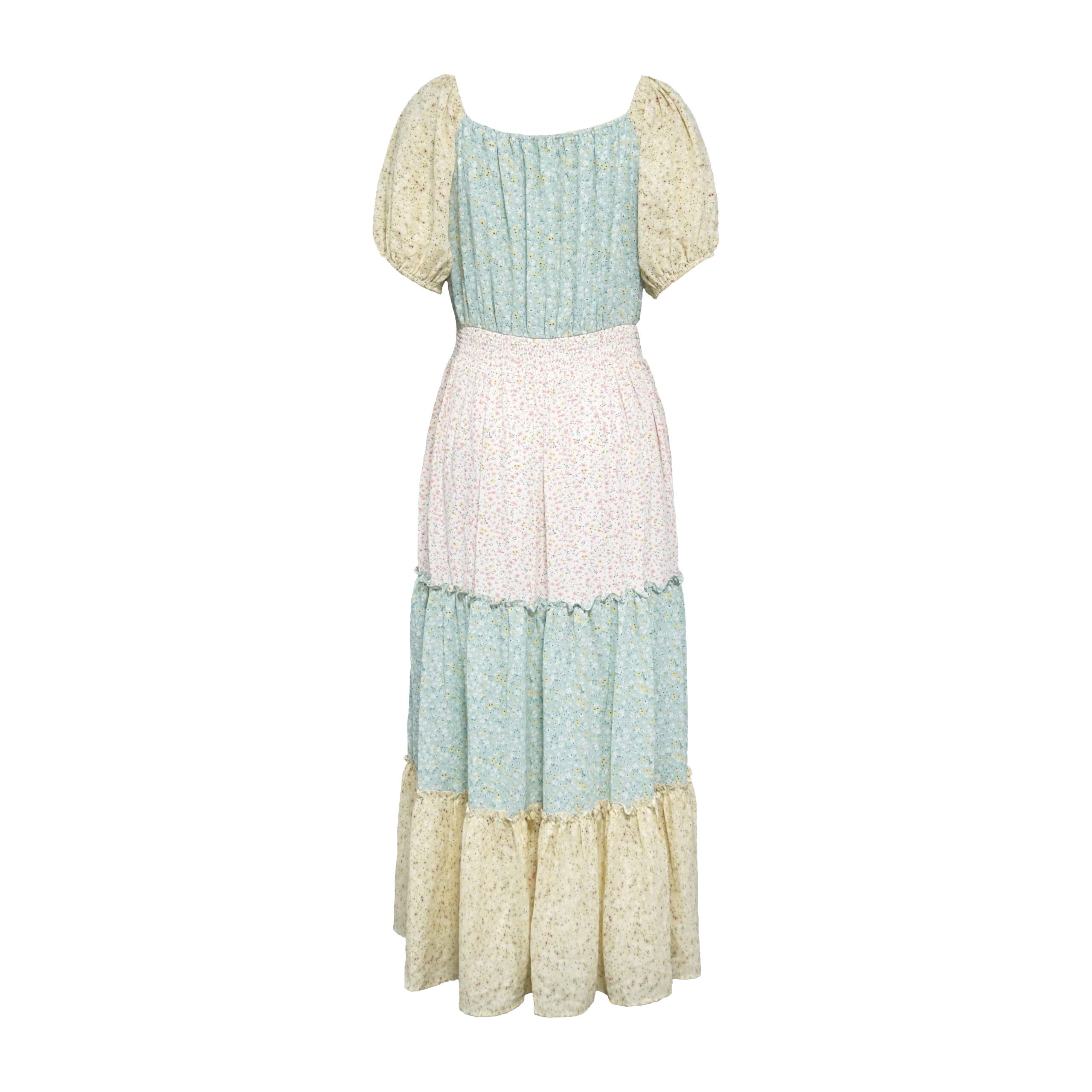 Women's Floral Patchwork Nursing Dress Square Neck Puff Sleeve Ruffle Tiered Breastfeeding Long Dress