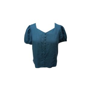 Vintage Style Teal Crop Top - Puff Sleeve Sweetheart Neck Button Front Blouse