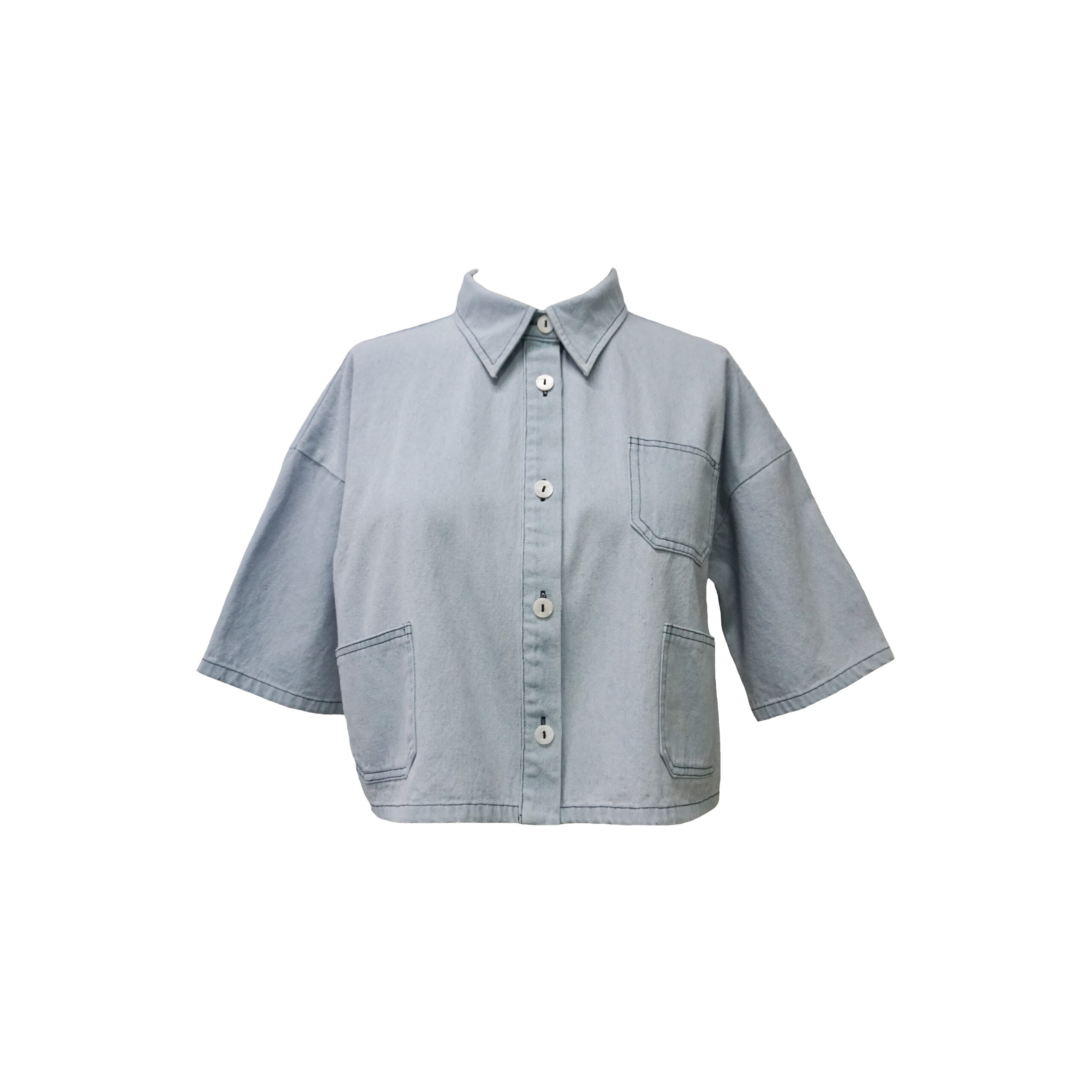 Women's Light Blue Denim Cropped Shirt -Half Sleeve Button-Up Top