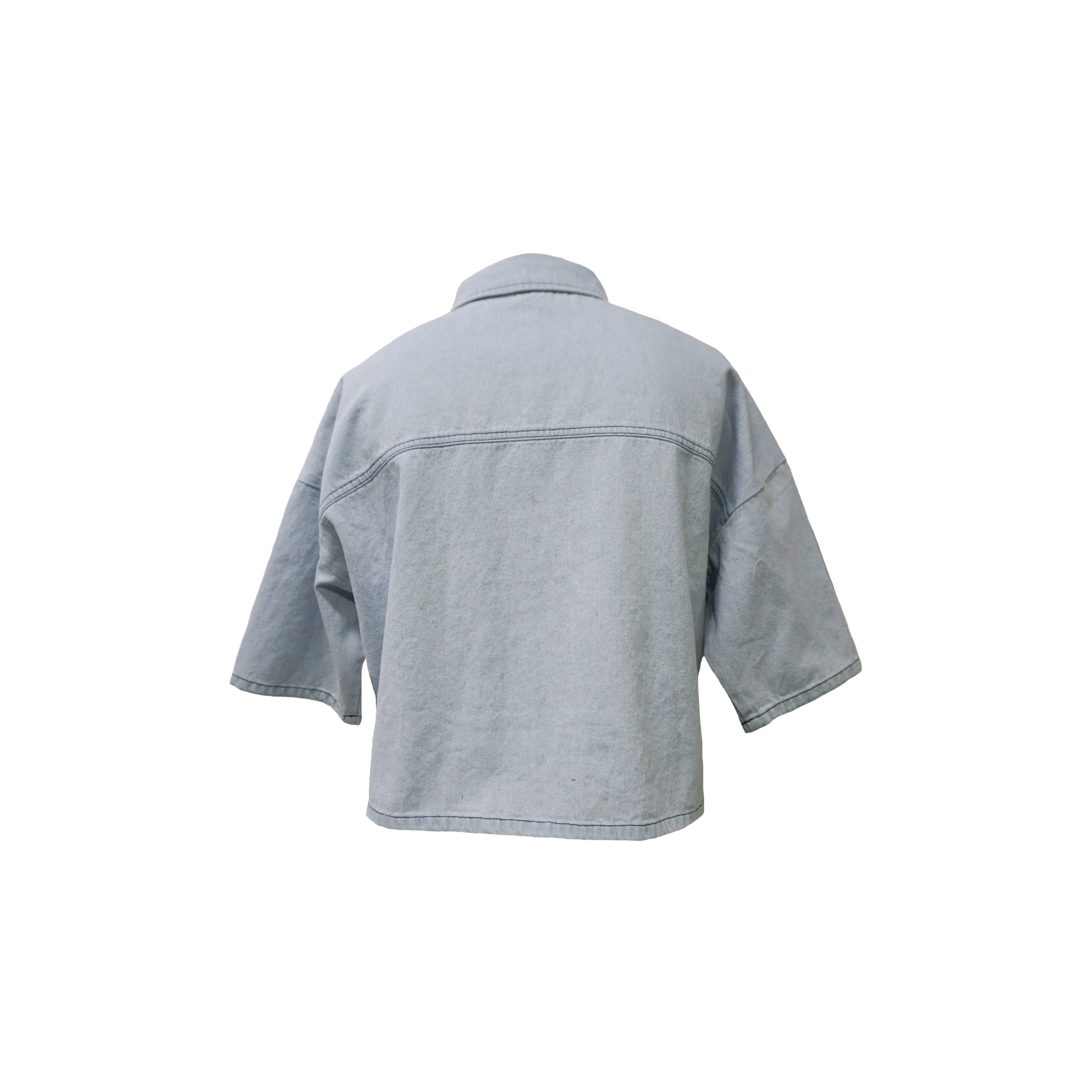 Women's Light Blue Denim Cropped Shirt -Half Sleeve Button-Up Top - 图片 2